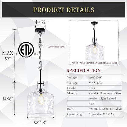 CATINER Extra Large 16" Vintage Farmhouse Pendant Light – Hand-Blown Clear Hammered Glass Shade, Adjustable Chain, Hanging Light for Kitchen Island, Dining Room, Hallway, Black Finish