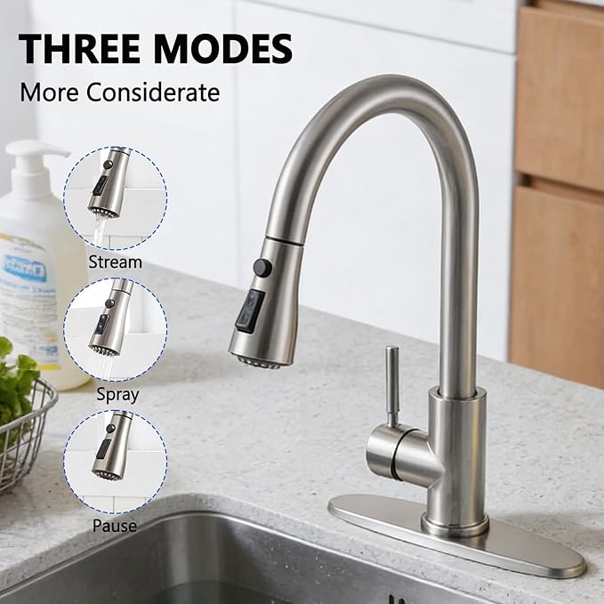 Kitchen Faucet with Pull Down Sprayer, Brushed Nickel Stainless Steel Kitchen Sink Faucet, Single Handle 1 or 3 Hole Pull Out Sink Faucet for Bar Laundry RV Farmhouse, RC-KYT010L-D