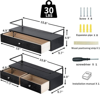 dreampossible 2-Pack Rustic Floating Shelves with Drawer, Black, 15.8 Inch Long, Wall-Mounted, Bathroom, Kitchen, Living Room Storage