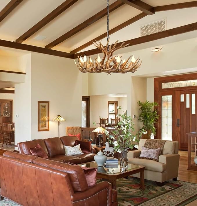 Antler Chandelier Lighting, Vintage Deer Antler Chandelier 9 Light, Farmhouse Antler Light Fixtures Ceiling E12 Base for Home Store Coffee Bar (9 lamp arms + 3arms)