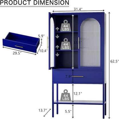 ALBAD 63 Inch Tall Metal Pantry/Display/Storage Cabinet with Fluted Glass Doors and Drawer & Adjustable Shelf for Modern Home Office Living Room Kitchen Blue