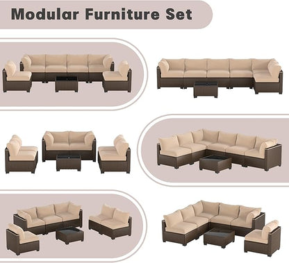 Patio Furniture Set, 7-Piece Outdoor Sectional Couch with Coffee Table & Thick Cushions, Outdoor Wicker Conversation Set for Backyard, Poolside, Garden (Brown-Camel, 7 Piece-Single)