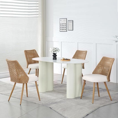 Rattan Dining Chairs, Upholstered Dining Chairs with Armless and PE Cane Backrest, Mid Century Modern Dining Room Chairs with Metal Legs for Kitchen Island,Set of 4