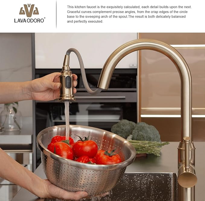 Lava Odoro Curtura Champagne Gold Kitchen Faucet with Pull Down Sprayer, Single Handle Kitchen Sink Faucet with 3-Function Magnetic Sprayer for Sink 1 or 3 Hole, 1.8 GPM, KF421-CB-M