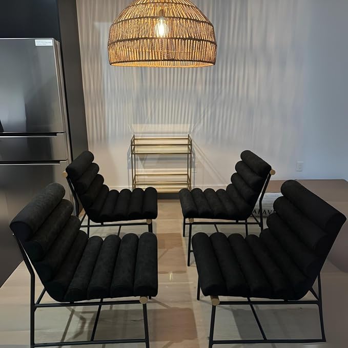 Modern Upholstered Dining Chairs Set of 2, Black Linen Dining Room Chairs with Tufted Back & Cushion, Comfy Armless Kitchen Chairs with Black Metal Legs for Dinner Living Room