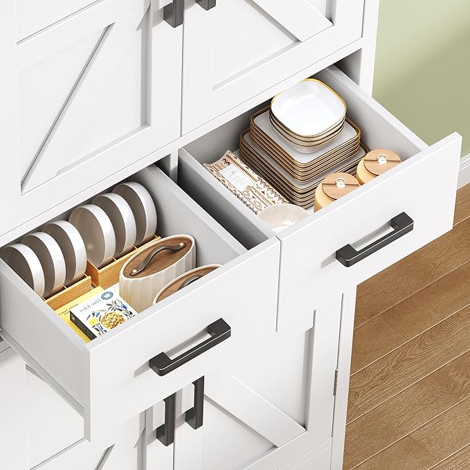 TEENFON 53" H Pantry Cabinet with 2 Drawers, Kitchen Storage Cabinet with 4 Door Shelves, Kitchen Pantry for Living Room, Dining Room, Bathroom, White