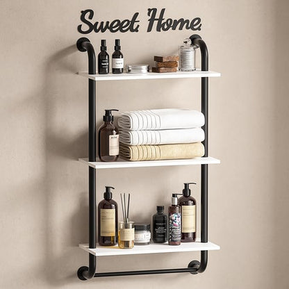 Tinpin Wall Shelves 3-Tier, Bathroom Shelves Over Toilet, Rustic Industrial Pipe Shelf, Farmhouse Bathroom Decor, Floating Shelf Wall Decor for Bedroom, Living Room 17.3 inch, White