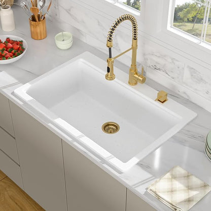 33 Granite Composite Kitchen Sink - Beslend 33x22 Drop In White Kitchen Sink, Topmount Granite Luxury Above Counter Worksation White Sinks Easy Clean Quartz Dish Basin for Kitchen Remodel