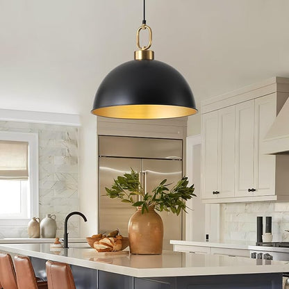16.1" Large Farmhouse Pendant Lights Kitchen Island, Industrial Dome Pendant Light Fixture, Matte Black with Gold Handle Adjustable Height Hanging Island Light for Dining Room,Kitchen,Cafe