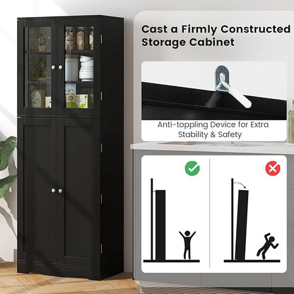Giantex Pantry Organizers and Storage, 63.5” Tall Kitchen Cabinet, Food Buffet Cupboard with Glass Doors, Shelves with Baffle, Wooden Freestanding Sideboard for Dining Room Living Room (Black)