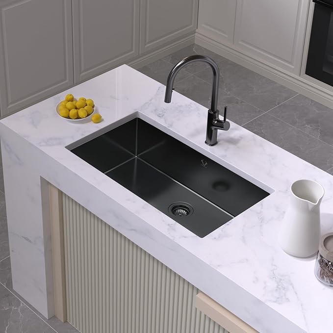 Kitchen Sink 32x18 Inch Undermount Kitchen Sink 16 Gauge Stainless Steel Single Bowl Gun Metal Black Finish with Accessories