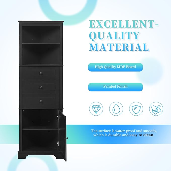 Storage Corner Cabinet with 3 Drawers and Door, Tall Line Pantry Home Space Saver for Bathroom, Living Room, Kitchen, Adjustable Shelf, Black