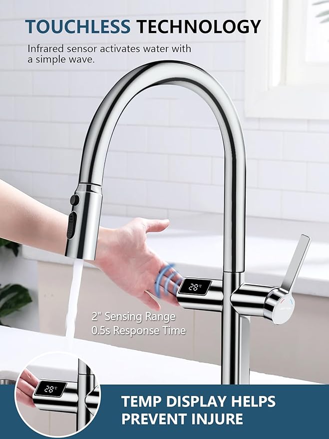 Lefton Touchless Pull-Out Kitchen Faucet, Hands Free Motion Sensor Activated, Battery-Free Temperature Display, KF2206 (Contemporary, Chrome)