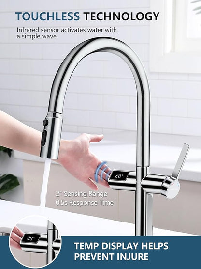 Lefton Touchless Pull-Out Kitchen Faucet, Hands Free Motion Sensor Activated, Battery-Free Temperature Display, KF2206 (Contemporary, Chrome)
