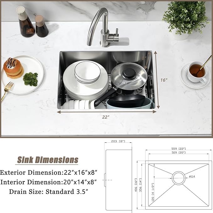 22 Inch Undermount Kitchen Sink, 22x16 Undermount Stainless Steel Utility Laundry Sinks 18 Gauge Handmade 8" Deep Single Bowl Kitchen Bar Sink with Basket Strainer