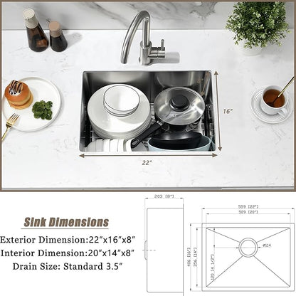22 Inch Undermount Kitchen Sink, 22x16 Undermount Stainless Steel Utility Laundry Sinks 18 Gauge Handmade 8" Deep Single Bowl Kitchen Bar Sink with Basket Strainer