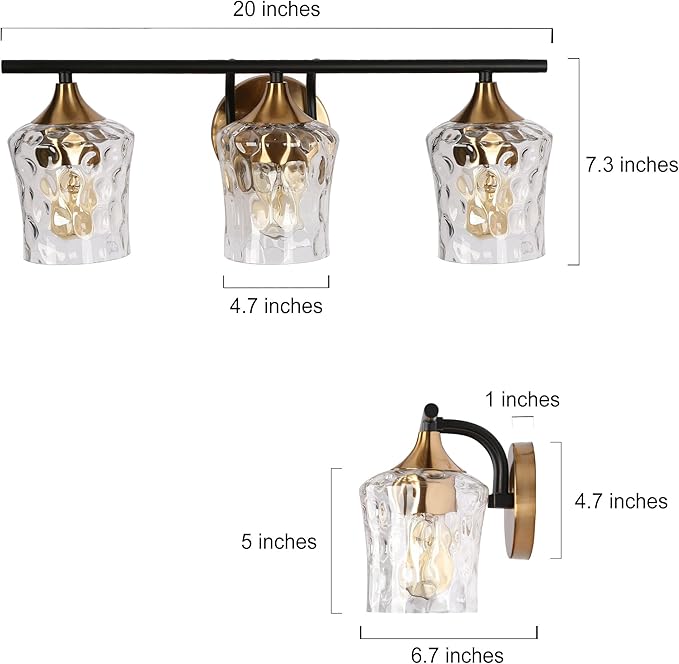 KSANA Black and Brass Vanity Light, Modern Black Gold Bathroom Light Fixtures with Water Textured Glass Shade, 3-Light Bathroom Lighting Over Mirror