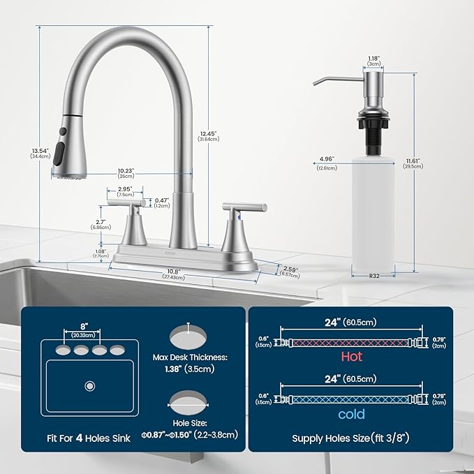 Hurran 8-Inch 2 Handle Pull Down Kitchen Faucet with Soap Dispenser, High Arc 2-in-1 Spray/Stream Stainless Steel Kitchen Sink Faucet for 3-4 Hole Widespread Installation, Brushed Nickel