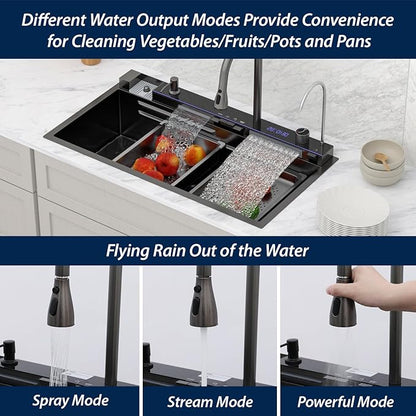 Logmey 33" Smart Dual Waterfall Sink with Digital Display,Water Purifier,Nano PVD Black Drop in Kitchen Sink with Faucet,16 Gauge Stainless Steel Sinks with Temperature Control Knob,5 Buttons,33x19x9