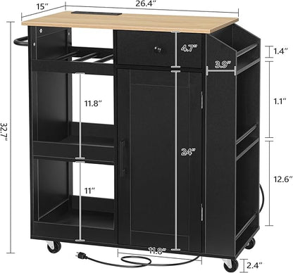MAHANCRIS Kitchen Island with Power Outlet, Kitchen Storage Island with Drawer, Rolling Kitchen Cart on Wheels, Spice Rack, Towel Rack, Wine Rack, for Dining Room, Black and Natural KIHN122E01