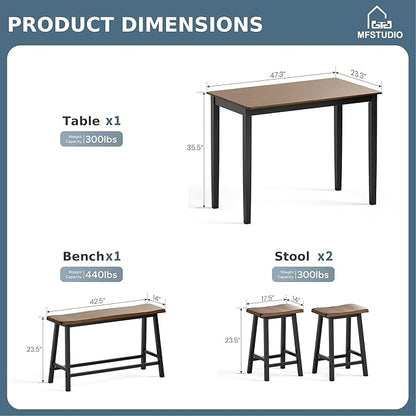 MFSTUDIO Dining Table Set for 4, Counter Height Table and Chairs, Kitchen Table Set with Bench, Breakfast Bar Table and Chairs Set Space Saving, Walnut & Black
