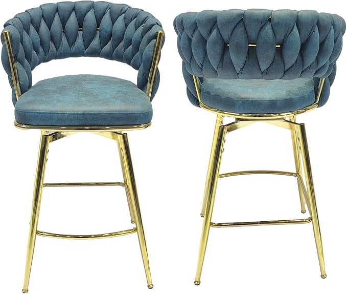 26" Bar Chair Suede Woven Bar Stool Set of 2,Golden Legs Bar stools No Adjustable Kitchen Island Chairs,360 Swivel Bar Stools Upholstered Bar Chair Counter Stool Arm Chairs with Back Footrest (Blue)
