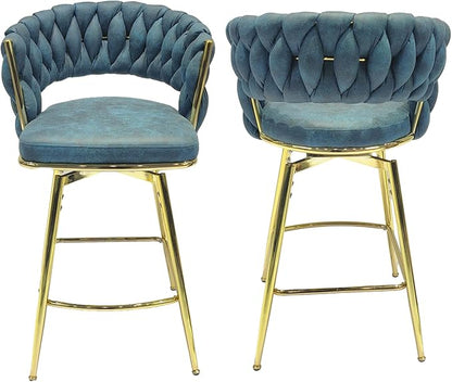 26" Bar Chair Suede Woven Bar Stool Set of 2,Golden Legs Bar stools No Adjustable Kitchen Island Chairs,360 Swivel Bar Stools Upholstered Bar Chair Counter Stool Arm Chairs with Back Footrest (Blue)