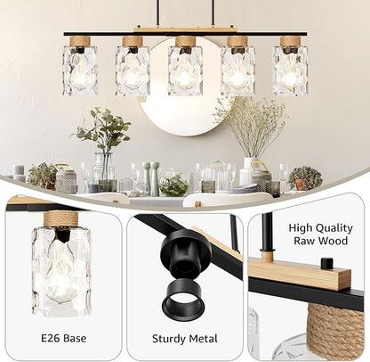 Island Light, Up-Grade Thickened Clear Glass 5-Light Dining Room Light Fixture with Adjustable Height, Farmhouse Linear Chandelier Over Table Kitchen Black Rustic Wood Ceiling Pendant Light Fixtures