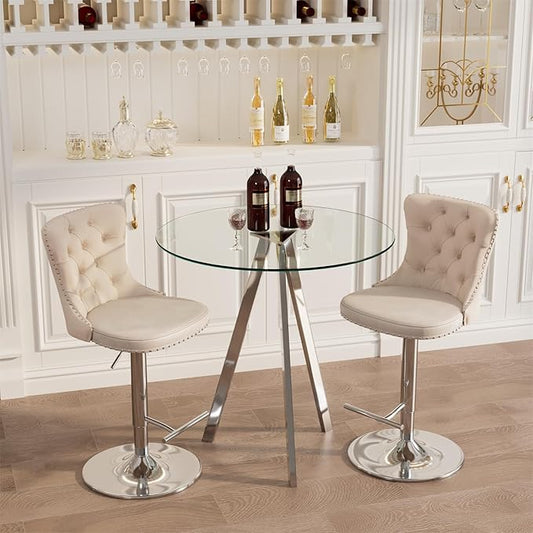 yeag 31.5'' Glass Round Bar Table Set with Stools, Modern High Top Pub Bistro Table & 2 Adjustable Metal Bar Stool Velvet Swivel Bars Chairs (Silver Metal Legs, Clear Top + Beige Chair)