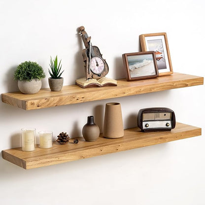 Fun Memories Solid Elm Wood Floating Shelves Set of 2-36 Inch Rustic Wall Shelves with Heavy-Duty Invisible Brackets - for Living Room, Kitchen, Bedroom, Bathroom - Natural Finish