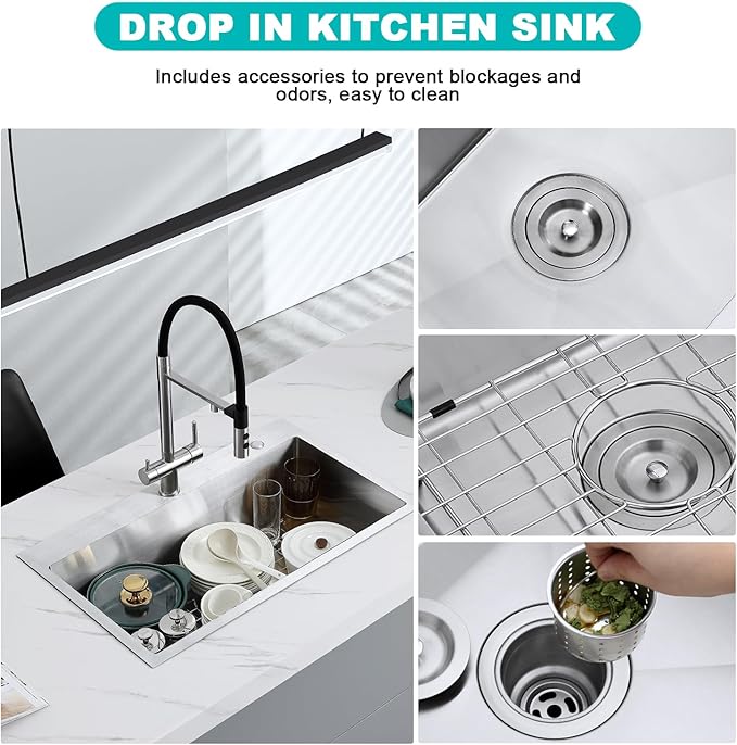 28x18 Inch Drop in Kitchen Sink, 304 Stainless Steel Single Bowl with Dual Faucet Holes & Bottom Grid Mat, 9" Deep Large Sink for Spacious Kitchen, Laundry, Bar, Commercial Prep Station