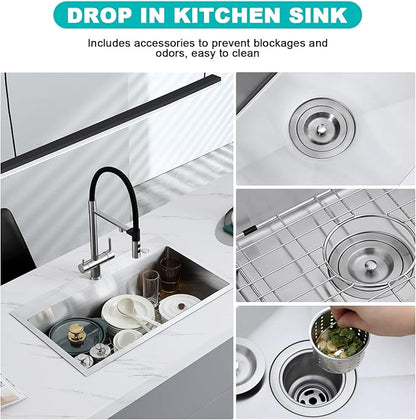 28x18 Inch Drop in Kitchen Sink, 304 Stainless Steel Single Bowl with Dual Faucet Holes & Bottom Grid Mat, 9" Deep Large Sink for Spacious Kitchen, Laundry, Bar, Commercial Prep Station