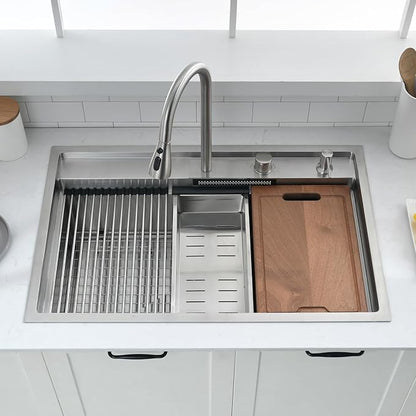 33 Inch Waterfall Drop In Kitchen Sink with Faucet Combo Workstation - VOKIM 33x22-Inch Drop In Sink Stainless Steel 16 Gauge Single Bowl Kitchen Sinks with Cutting Board