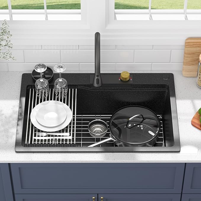 33 Inch Drop-In Kitchen Sink - Beslend 33x22 Black Granite Composite Drop In Workstation Sink Topmount Sinks with Integrated Waterfall Faucet & Glass Rinser - Non-Splash, Easy Clean