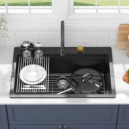 33 Inch Drop-In Kitchen Sink - Beslend 33x22 Black Granite Composite Drop In Workstation Sink Topmount Sinks with Integrated Waterfall Faucet & Glass Rinser - Non-Splash, Easy Clean