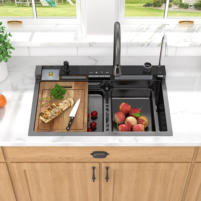 Smart Waterfall Kitchen Sink 30 Inch, Gunmetal Black Drop In 16 Gauge Stainless Steel Single Bowl Workstation Sink with Pull-Down Faucet, Cup Washer & Multi-Function Spray#TLWF-0004