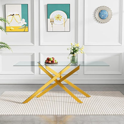 60" Rectangle Dining Table for 6 5 4 People, Modern Dining Table with Gold Chrome Metal X-Shaped Legs, Large Glass Kitchen Tables Family Dinner Tables for Home Office Living Room