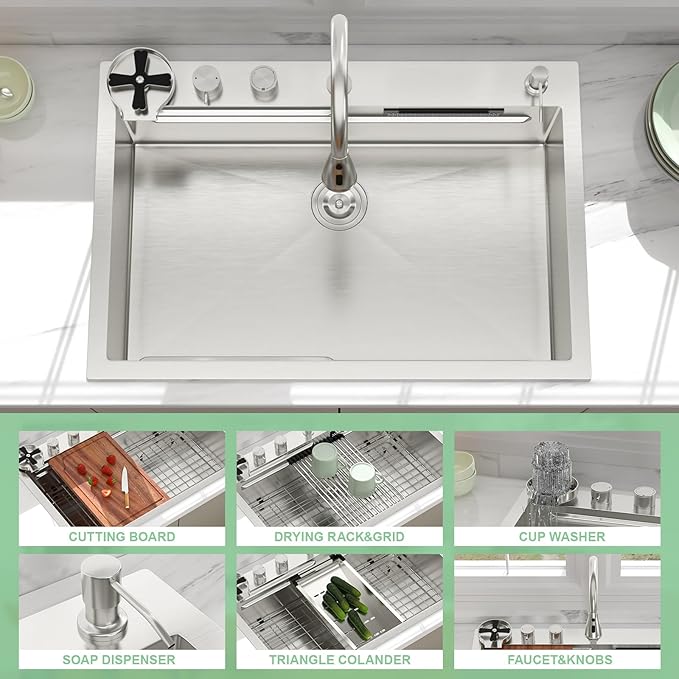 33 inch Drop In Kitchen Sink - Beslend 33x22x10 Waterfall Sink with Pull-Down Faucet 16 Gauge Stainless Steel, Double Track Workstation Kitchen Sinks with Faucet Combo, Handmade Dish Basin