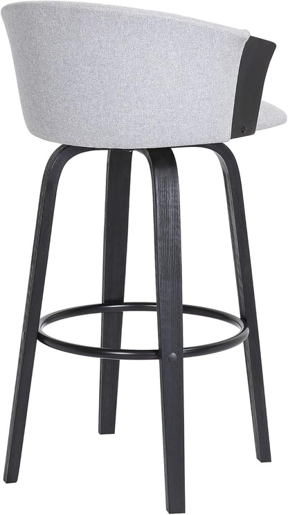 Armen Living Diana 26" Seat Height Mid Century Modern Swivel Black Wood Bar Stool for Kitchen Island Counter in Light Gray Fabric