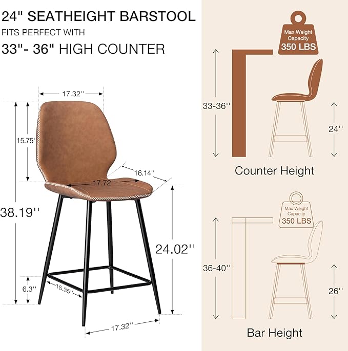 HOMMPA Counter Height Bar Stools Set of 3 Faux Leather 24'' Countertop Stool Chairs with Metal Legs Ergonomic Back Barstools for Kitchen Island Home Brown