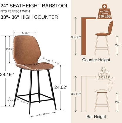 HOMMPA Counter Height Bar Stools Set of 3 Faux Leather 24'' Countertop Stool Chairs with Metal Legs Ergonomic Back Barstools for Kitchen Island Home Brown