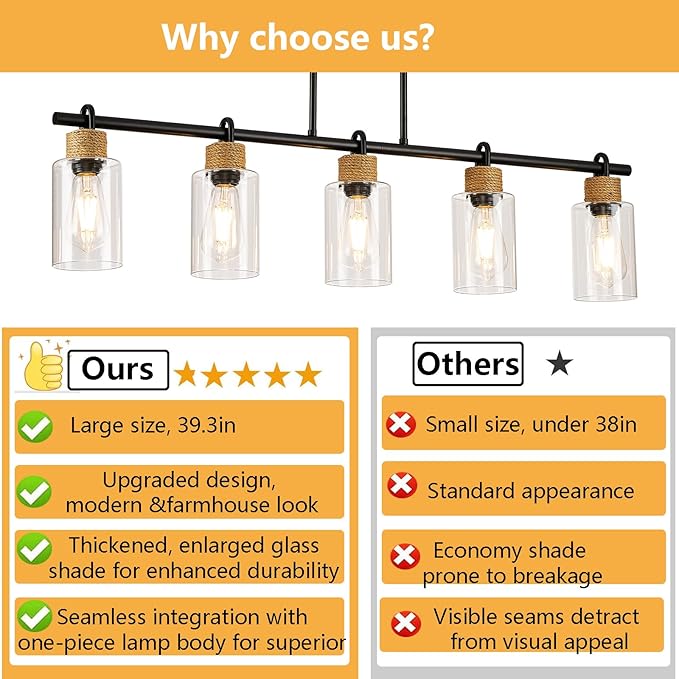 5-Light Linear Chandeliers, Black Kitchen Pendant Lighting Over Island, Farmhouse Dining Room Light fixtures with Jute Rope & Clear Glass Shades(Black 5 Light)