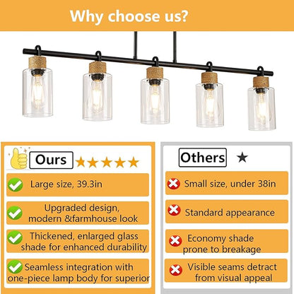 5-Light Linear Chandeliers, Black Kitchen Pendant Lighting Over Island, Farmhouse Dining Room Light fixtures with Jute Rope & Clear Glass Shades(Black 5 Light)