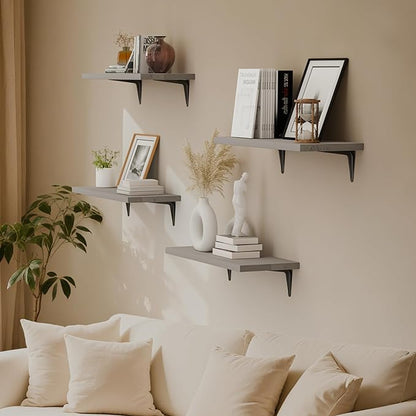 SKYSEN Floating Shelves for Wall Set of 6, 15.7in Wood Wall Shelf for Decor, Bathroom, Bedroom, Storage, Book,Kitchen, Living Room - Grey(fs-40-g)