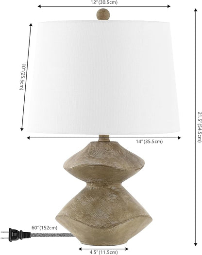 JONATHAN Y 21.5" Brown Wood Finish Coastal 3-Stack Cairn LED Table Lamp for Living Room, White Linen Shade, Rustic Mid-Century Modern Bedside Lamp for Bedroom Office (JYL4062A)