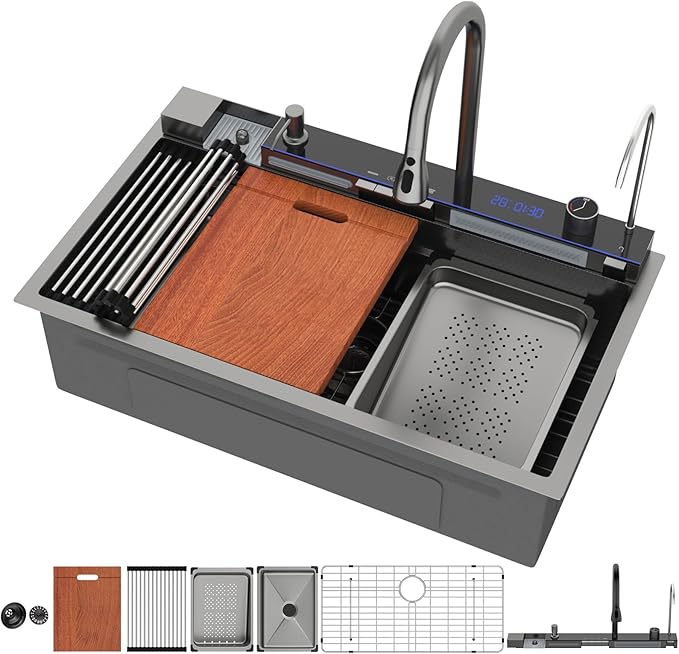 Mocoloo 33 Inch Black Honeycomb Waterfall Kitchen Sink Drop in, 33x19 Inch Stainless Steel Workstation Sink 16 Gauge Topmount Single Bowl Sink with Complete Kit