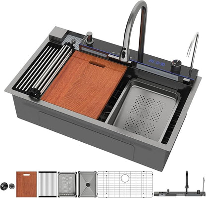 Mocoloo 33 Inch Black Honeycomb Waterfall Kitchen Sink Drop in, 33x19 Inch Stainless Steel Workstation Sink 16 Gauge Topmount Single Bowl Sink with Complete Kit