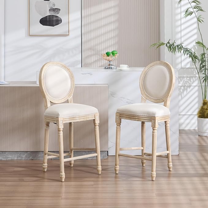 French Country Upholstered Bar Stools Set of Two, Natural Rattan Round Backrest, Solid Wood Frame with Carving and Wire Drawing Techniques, Vintage Dining Chairs for Kitchen Island (Beige B)