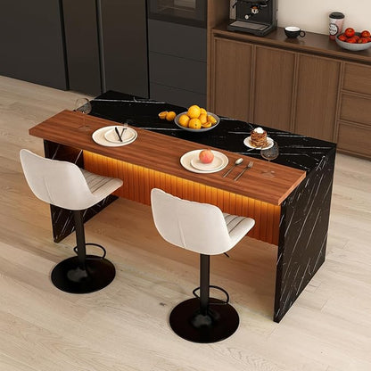 63" Modern Kitchen Island Set with 2 Gray Stools Black Marble Look Spacious & Functional Design Dining Room, Open Concept Spaces, Lounge