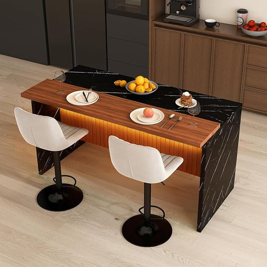 63" Modern Kitchen Island Set with 2 Gray Stools Black Marble Look Spacious & Functional Design Dining Room, Open Concept Spaces, Lounge
